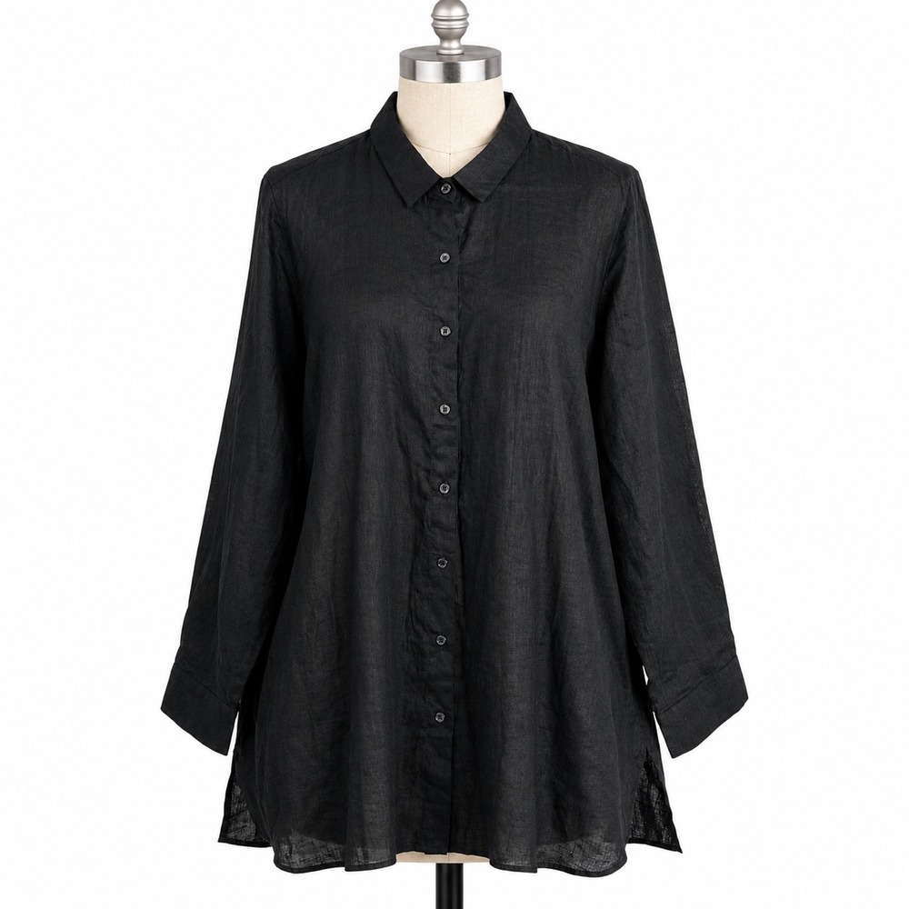 Garnet Hill Women XL Black European Flax Linen Long Sleeve Button Down Tunic Top